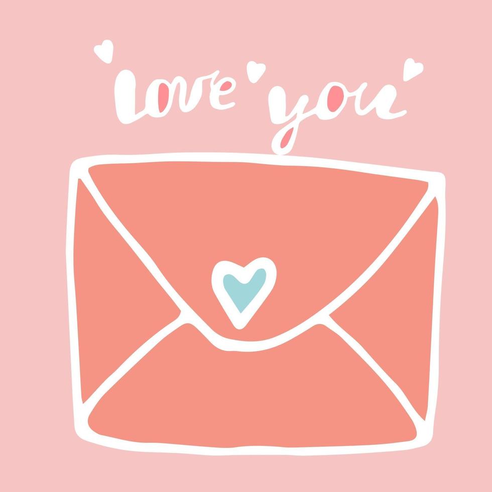 sobre con declaración de amor de corazón, carta con nota de amor, solo te amo, imagen vectorial aislada sobre fondo rosa, estilo doodle vector