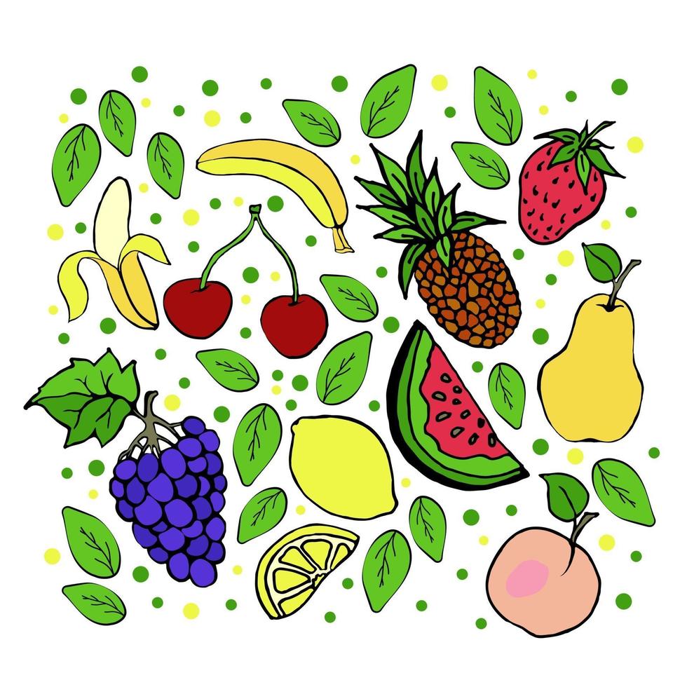 Set of different tropical and garden fruits, exotic fruits, juicy summer treats, bananas, grapes, sweet cherries, strawberries, peach, pineapple, lemon, vector objects on a white background, doodle