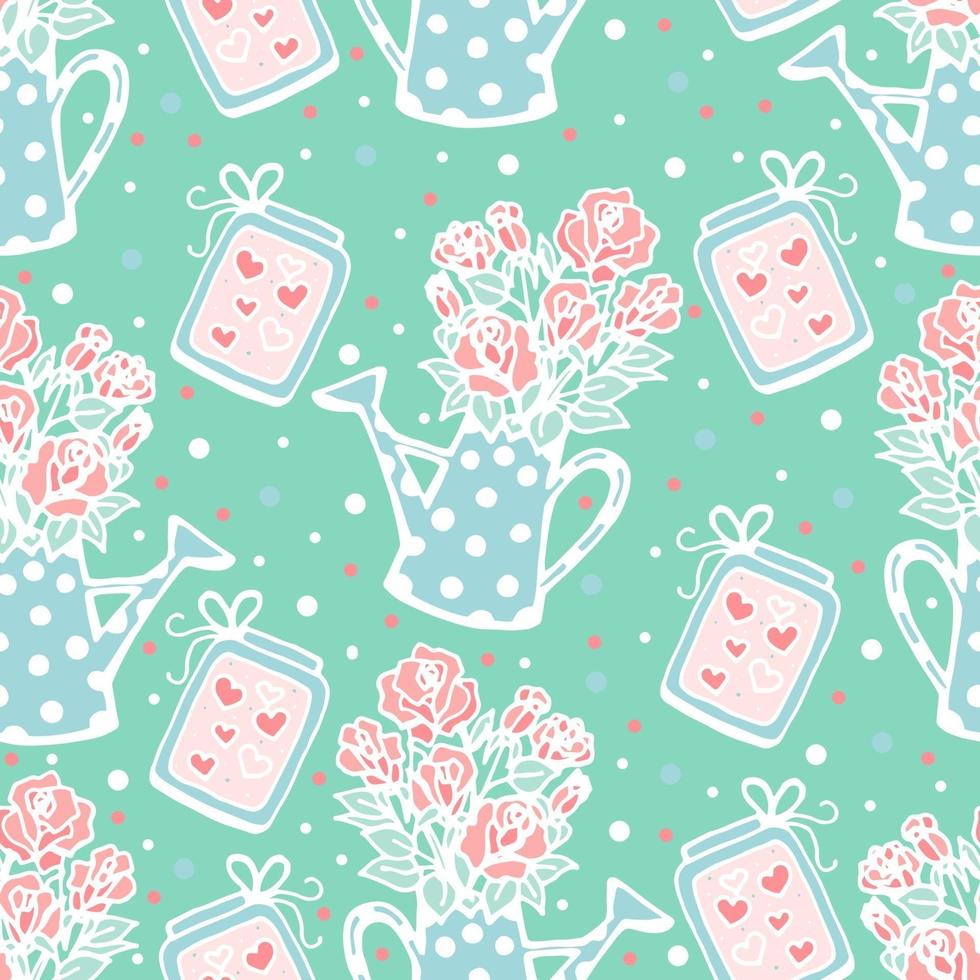 Seamless pattern of watering can with roses, magic jars with hearts, vector print for Valentine's Day, cute floral pattern, delicate turquoise, doodle style.