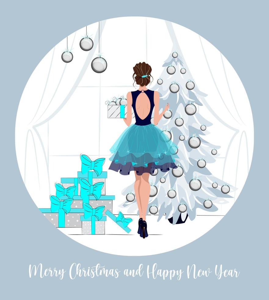 tarjetas de felicitación para las vacaciones de invierno, feliz navidad y próspero año nuevo, niña elegantemente vestida decora un árbol de navidad, ilustración de moda con una hermosa niña decorando el árbol de navidad, vector plano