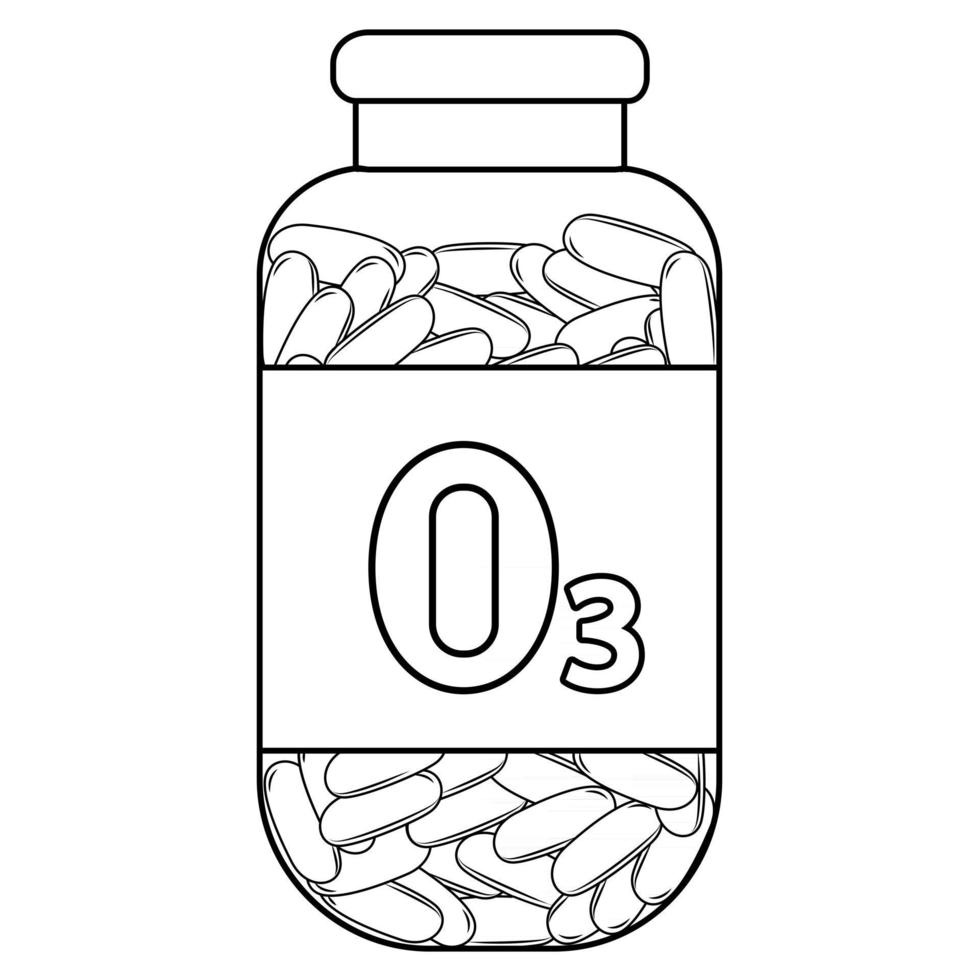 Fish oil. Outline bottle with fish oil capsules. Omega 3 vitamin capsules. Bottle with Omega 3 tablets in outline style vector