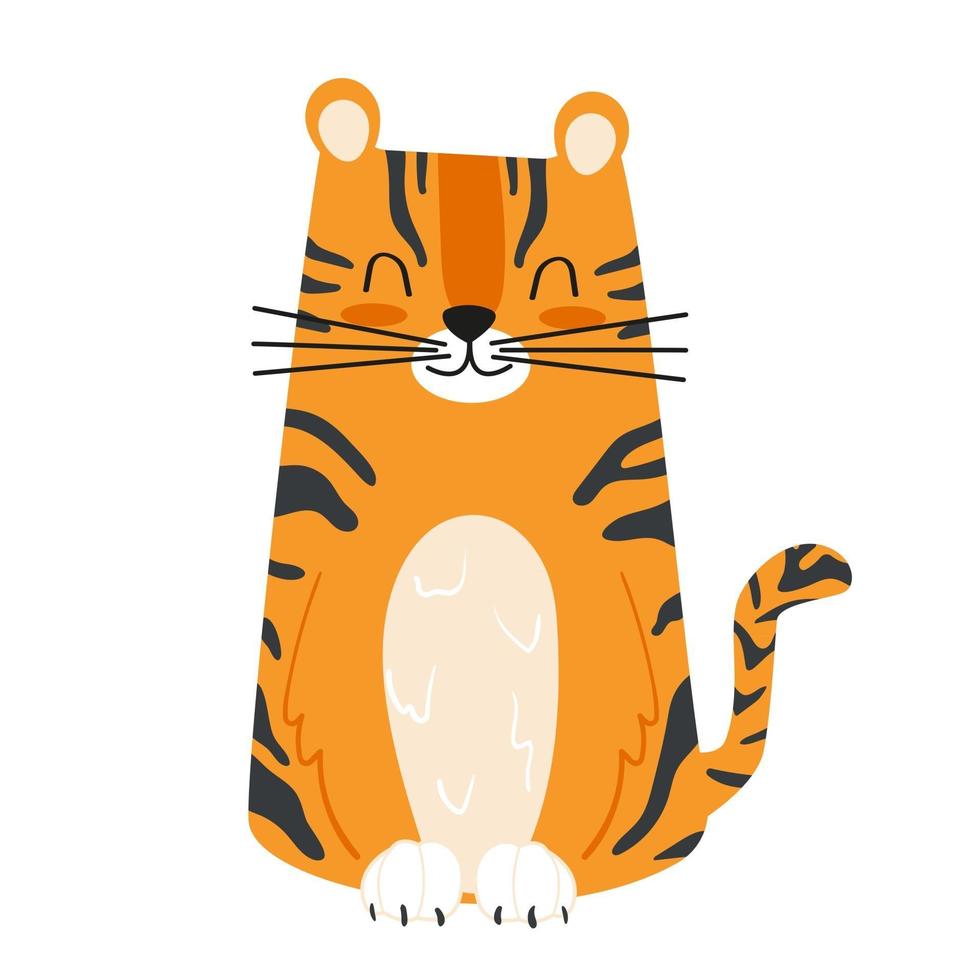 Cute cartoon striped tiger. Children's vector illustration hand drawn isolated on white background