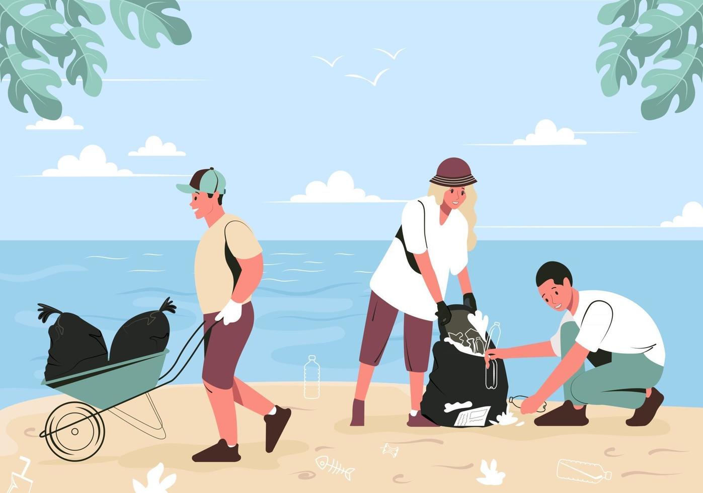 A group of young people are cleaning up trash on the beach. Volunteers women and men clean the embankment from plastic and other waste. Flat vector illustration