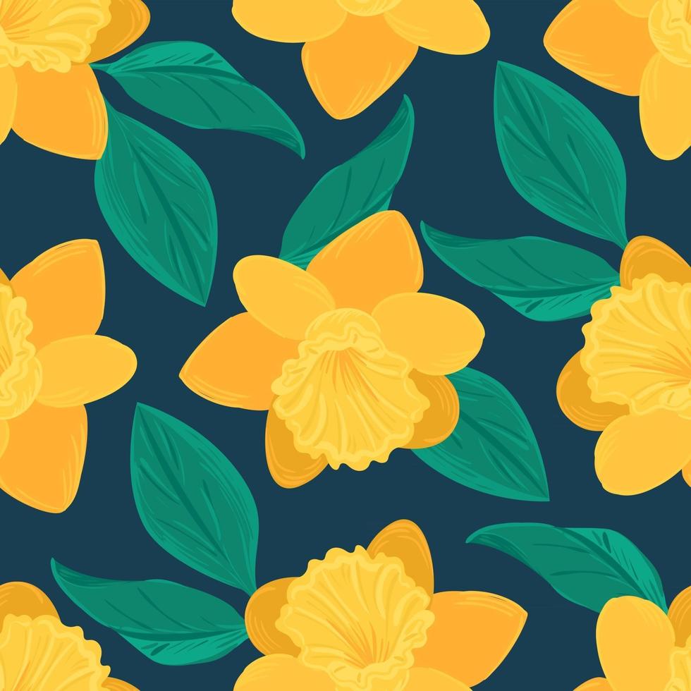 Seamless floral pattern. Vector background of yellow daffodil flower and green leaves