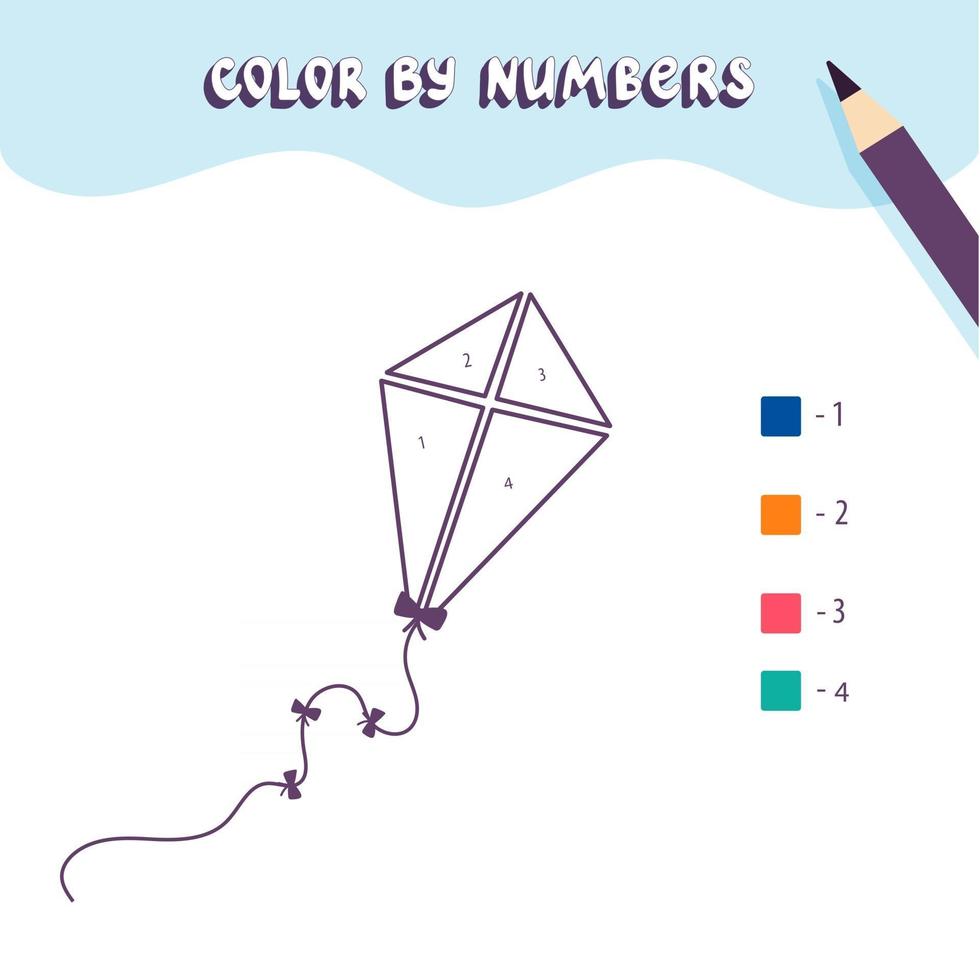 Coloring page with cute kite Color by numbers Educational kid game drawing childrens activity printable worksheet vector