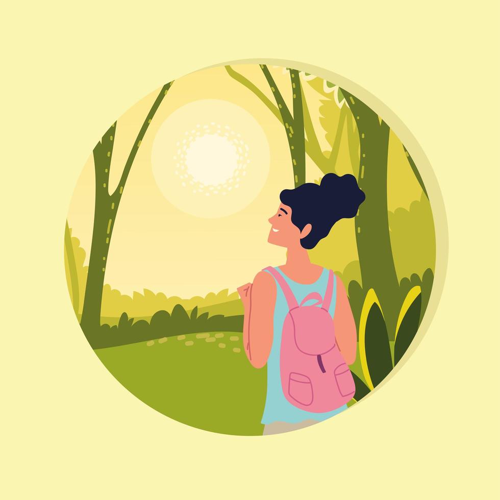 woman hiking forest vector