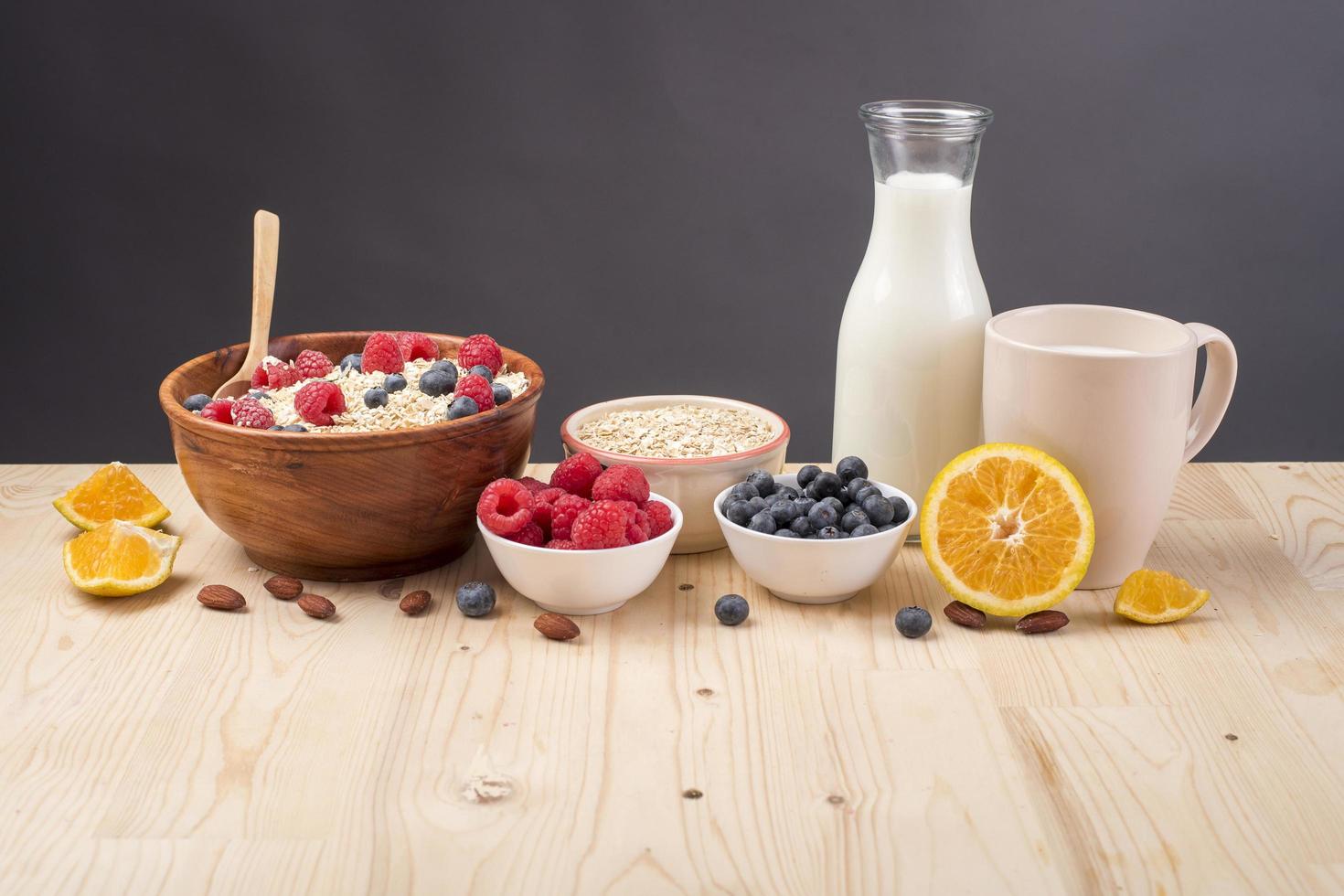 Healthy breakfast ingredients on wood table, Healthy food concept photo