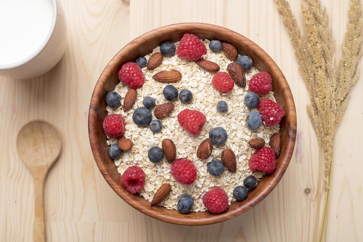 Healthy breakfast ingredients on wood table, Healthy food concept photo