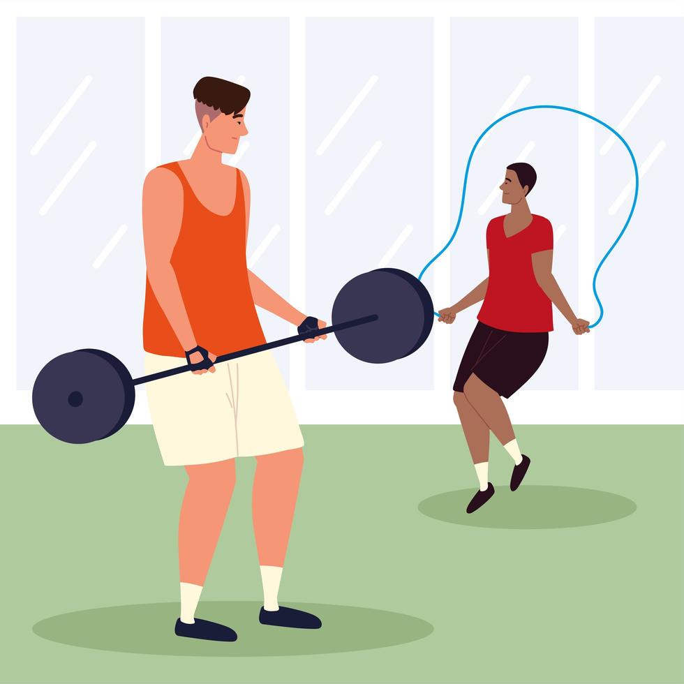 men exercising in fitness gym vector