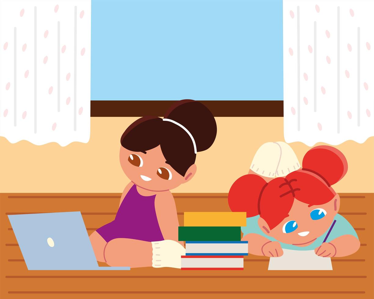 girls with laptop and books vector