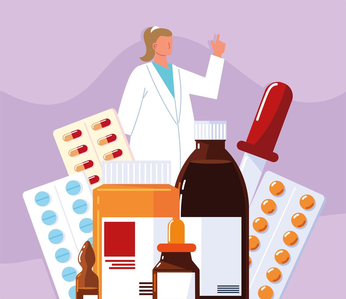 female pharmacist and medicaments vector