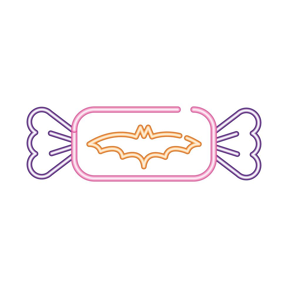 sweet candy with bat halloween neon style icon vector