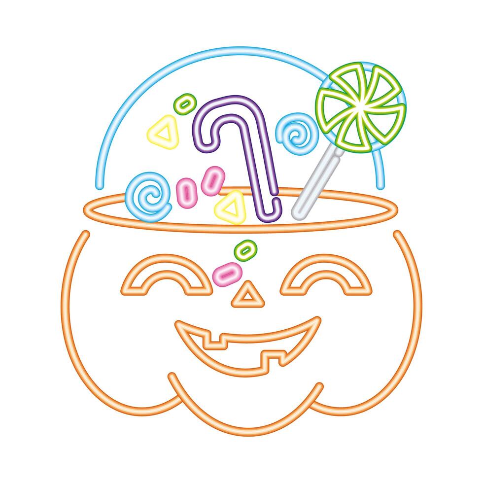 halloween pumpkin with sweet candies neon style icon vector