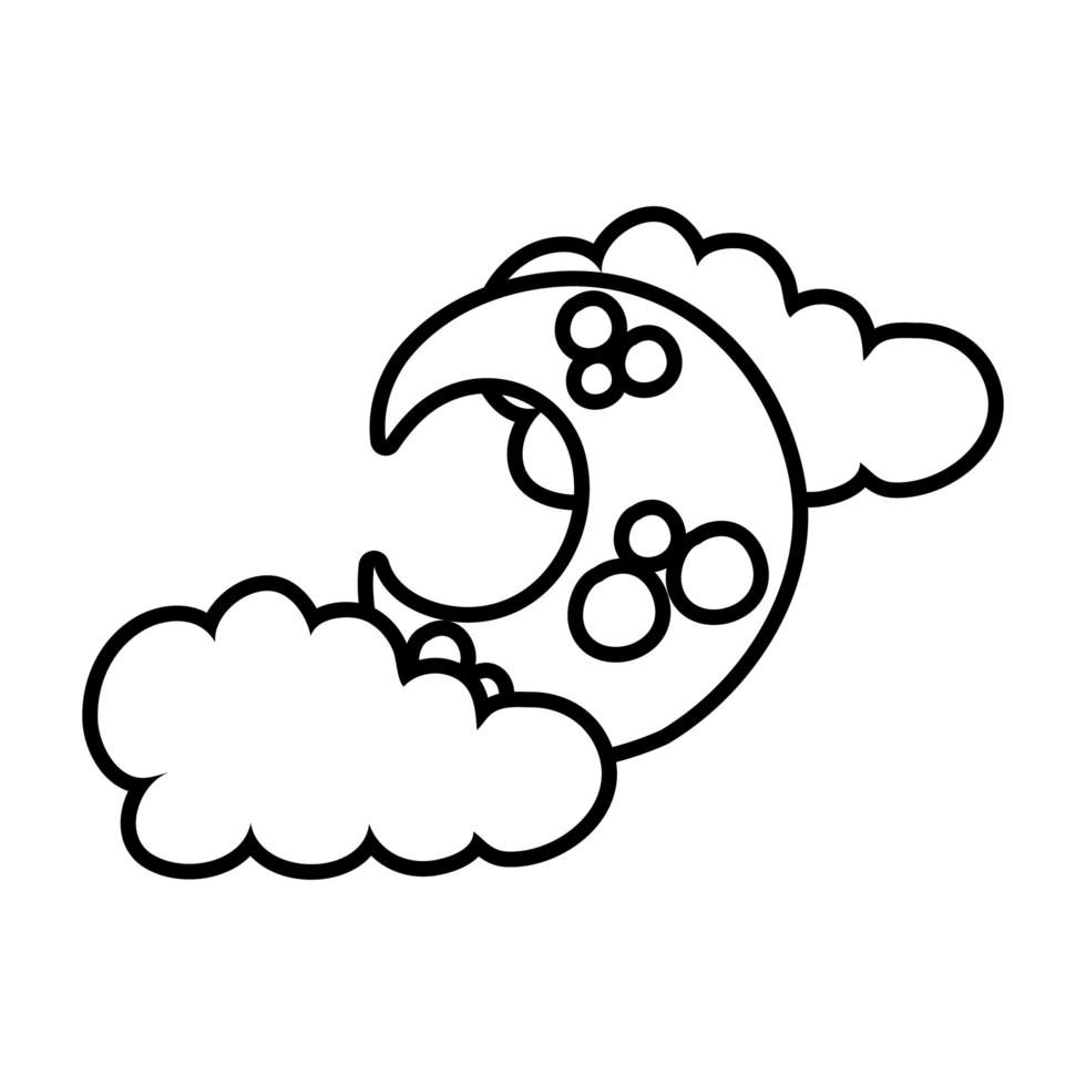 icono de estilo de línea de luna creciente y nubes vector