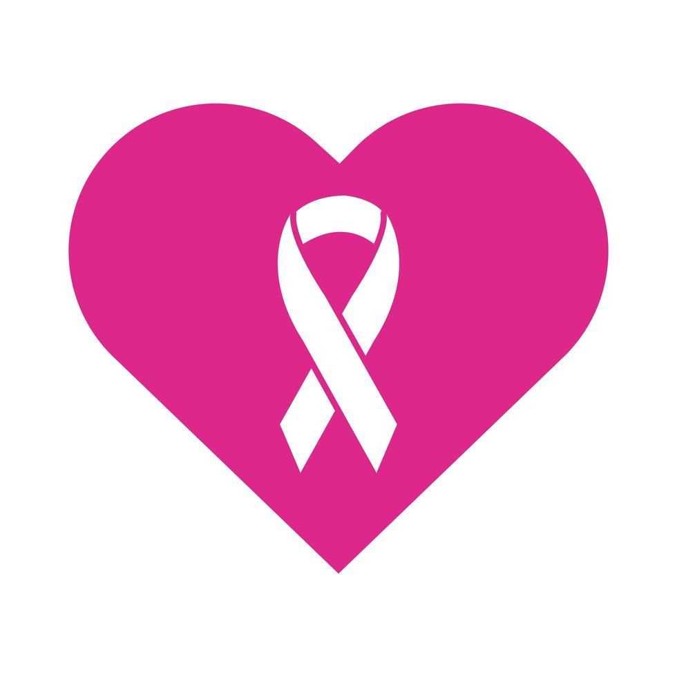 pink ribbon in heart breast cancer silhouette style icon vector