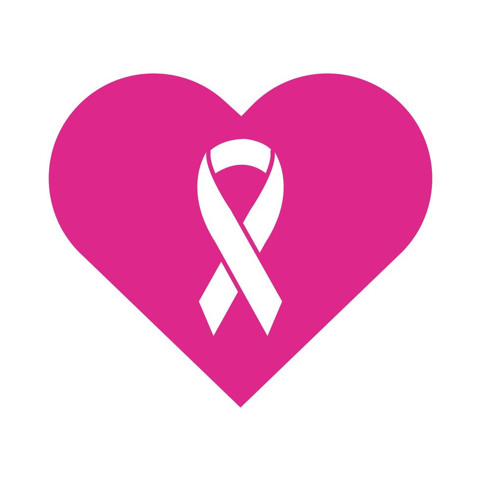 pink ribbon in heart breast cancer silhouette style icon vector