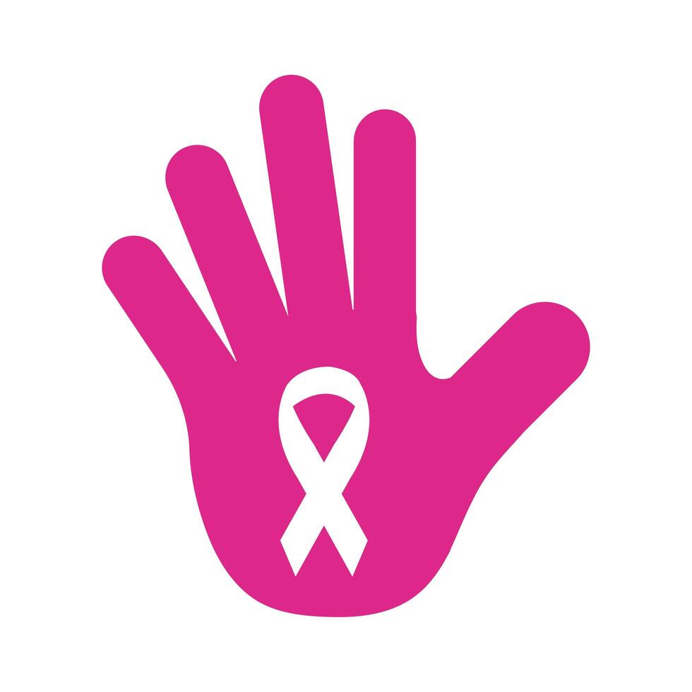 hand with pink ribbon breast cancer silhouette style icon vector