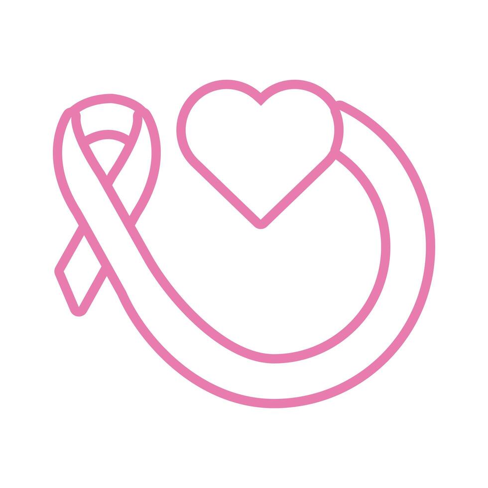 heart with pink ribbon breast cancer line style icon vector