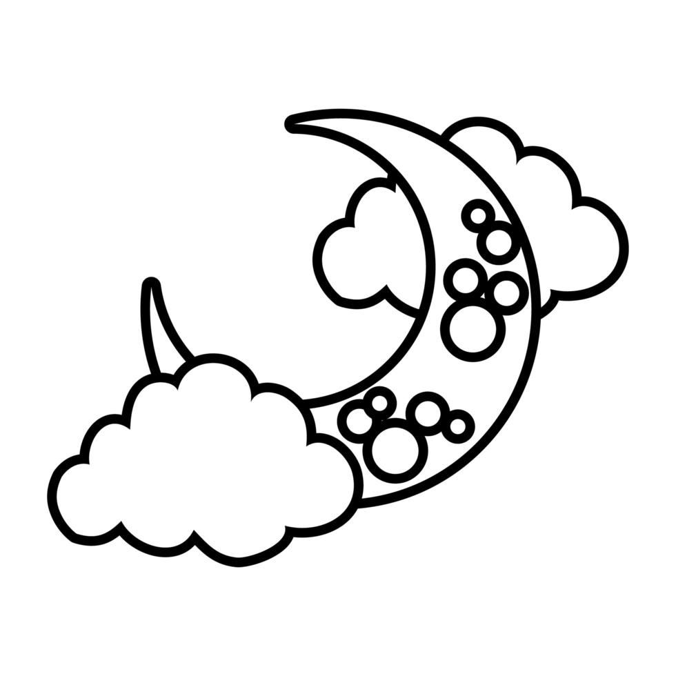 icono de estilo de línea de luna creciente y nubes vector