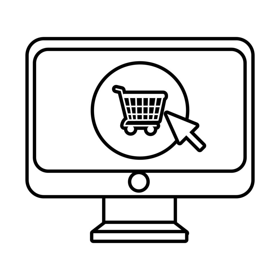 desktop with shopping cart and mouse arrow line style icon vector