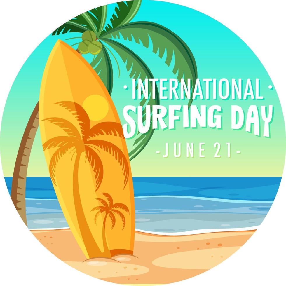 fuente del día internacional del surf con tabla de surf en la playa banner aislado vector