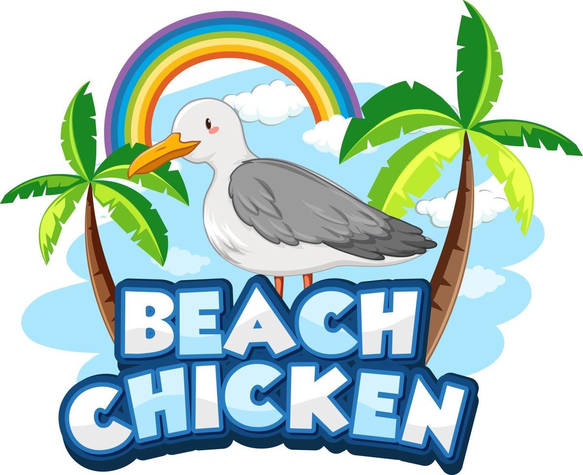 Personaje de dibujos animados de aves gaviota con banner de fuente de pollo de playa aislado vector