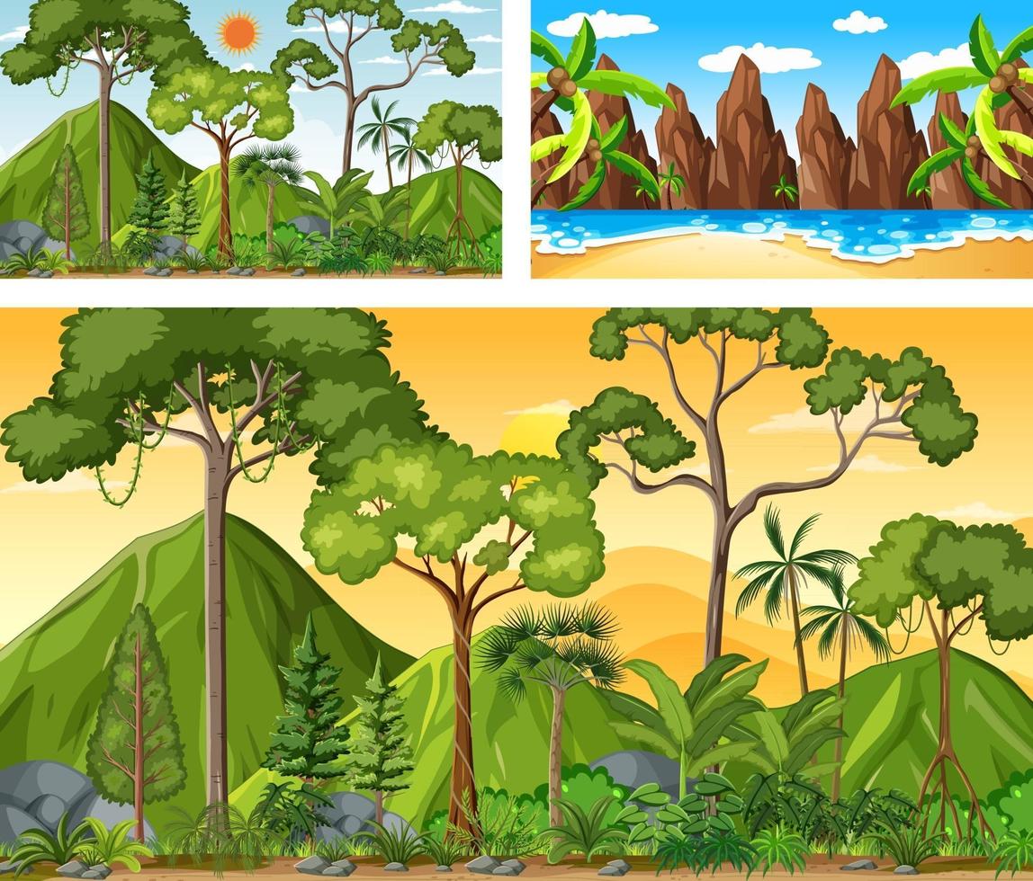 diferentes escenas horizontales de naturaleza en estilo de dibujos animados. vector