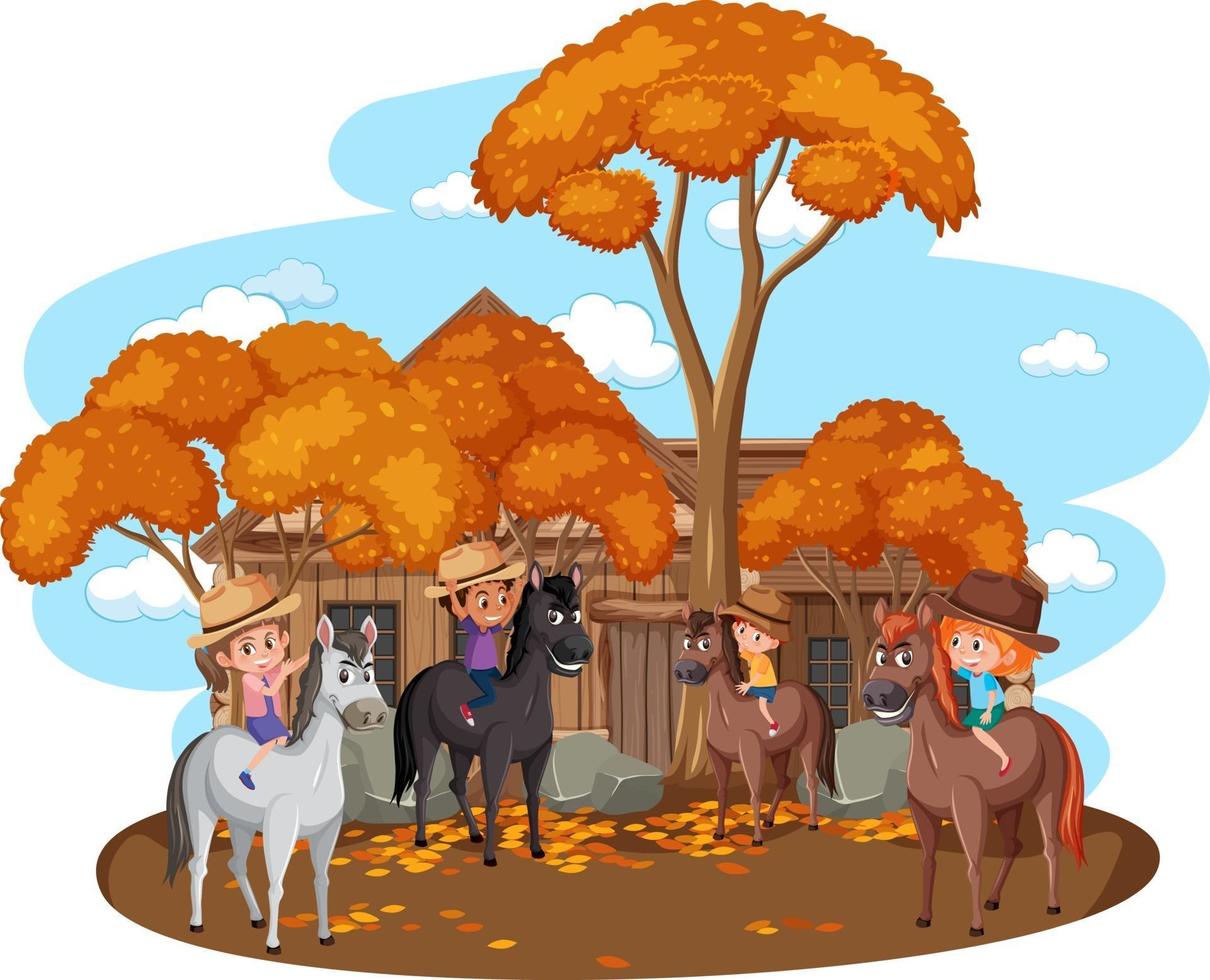 Muchos niños a caballo con árboles de otoño sobre fondo blanco. vector