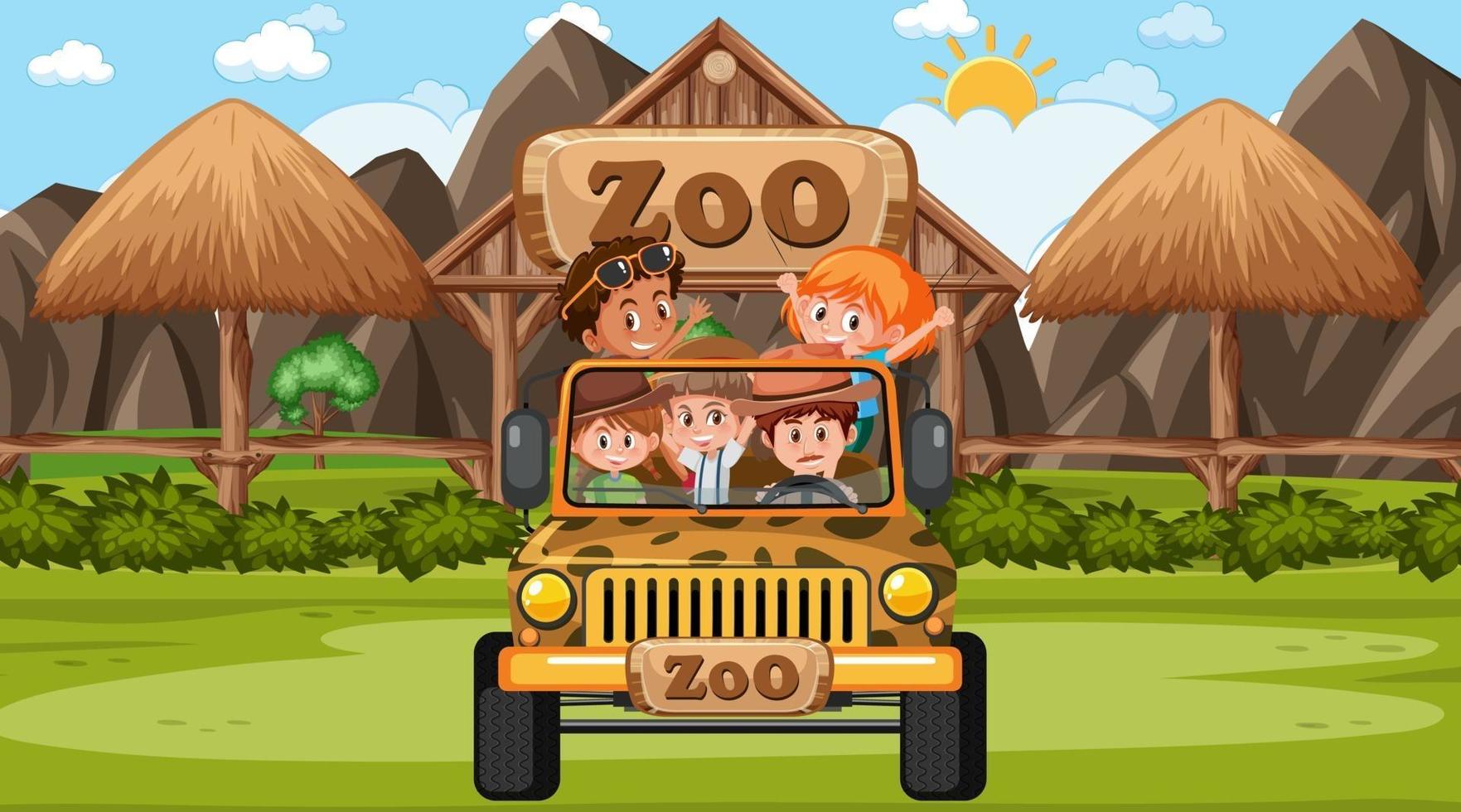 Zoo at day time scene with many kids in a jeep car vector