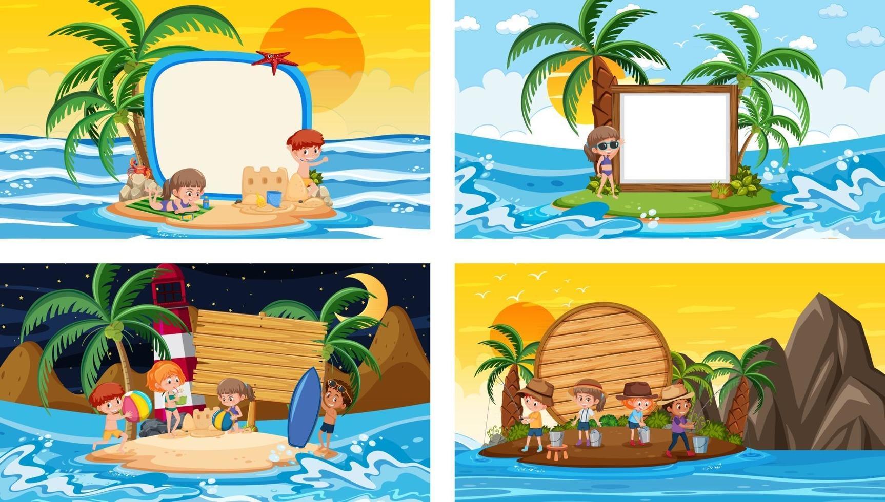 conjunto de diferentes escenas de playa tropical con banner en blanco vector