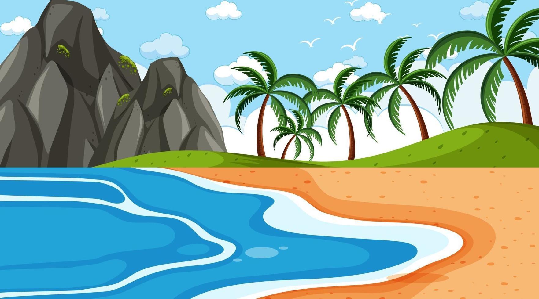 paisaje de playa en la escena diurna con muchas palmeras vector