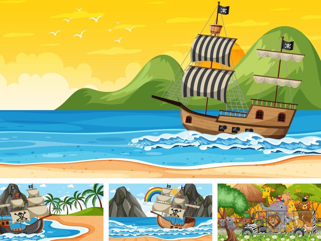 Set of different scenes with animals in the zoo and pirate ship at the sea vector