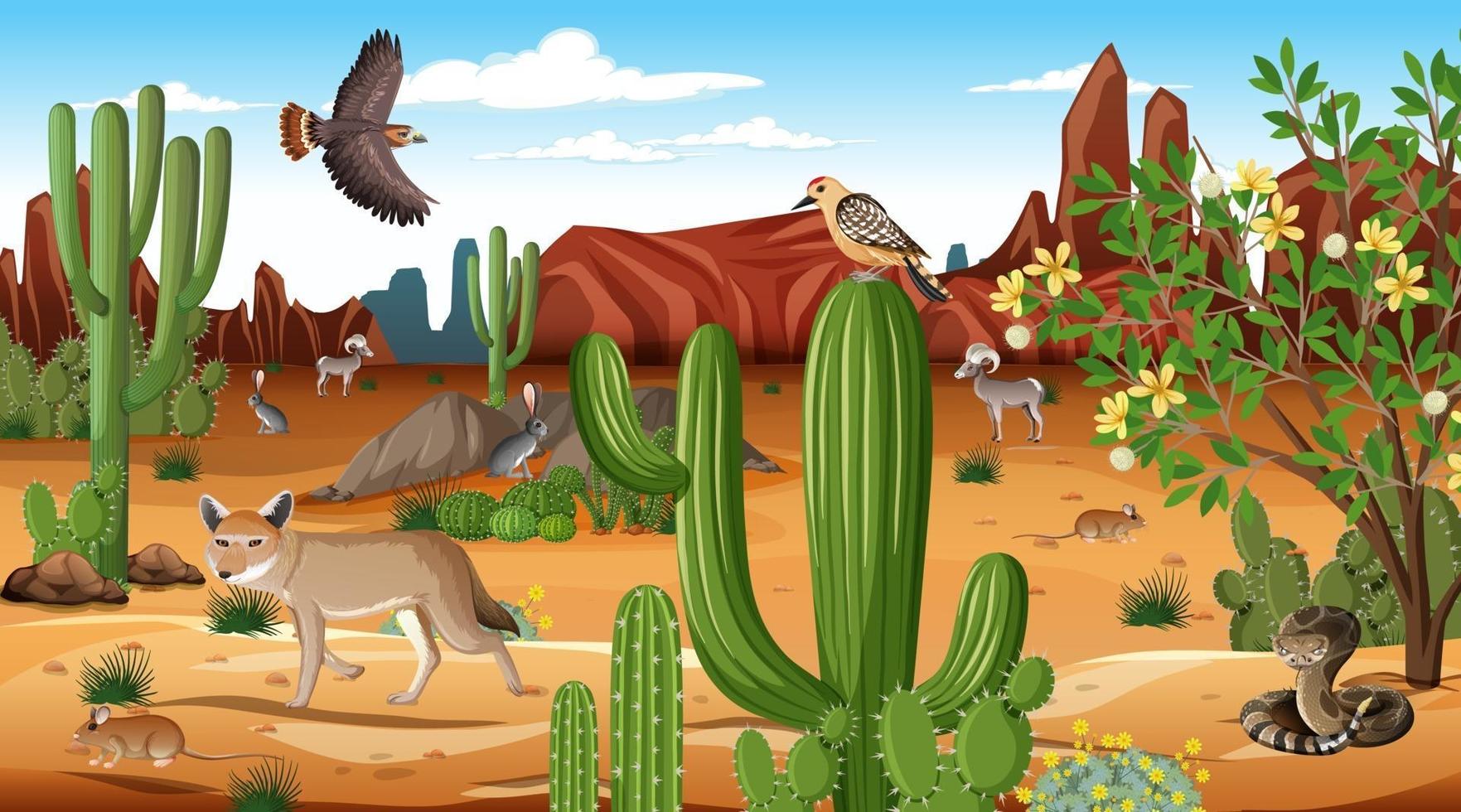 Desert forest landscape at daytime scene with willd animals vector