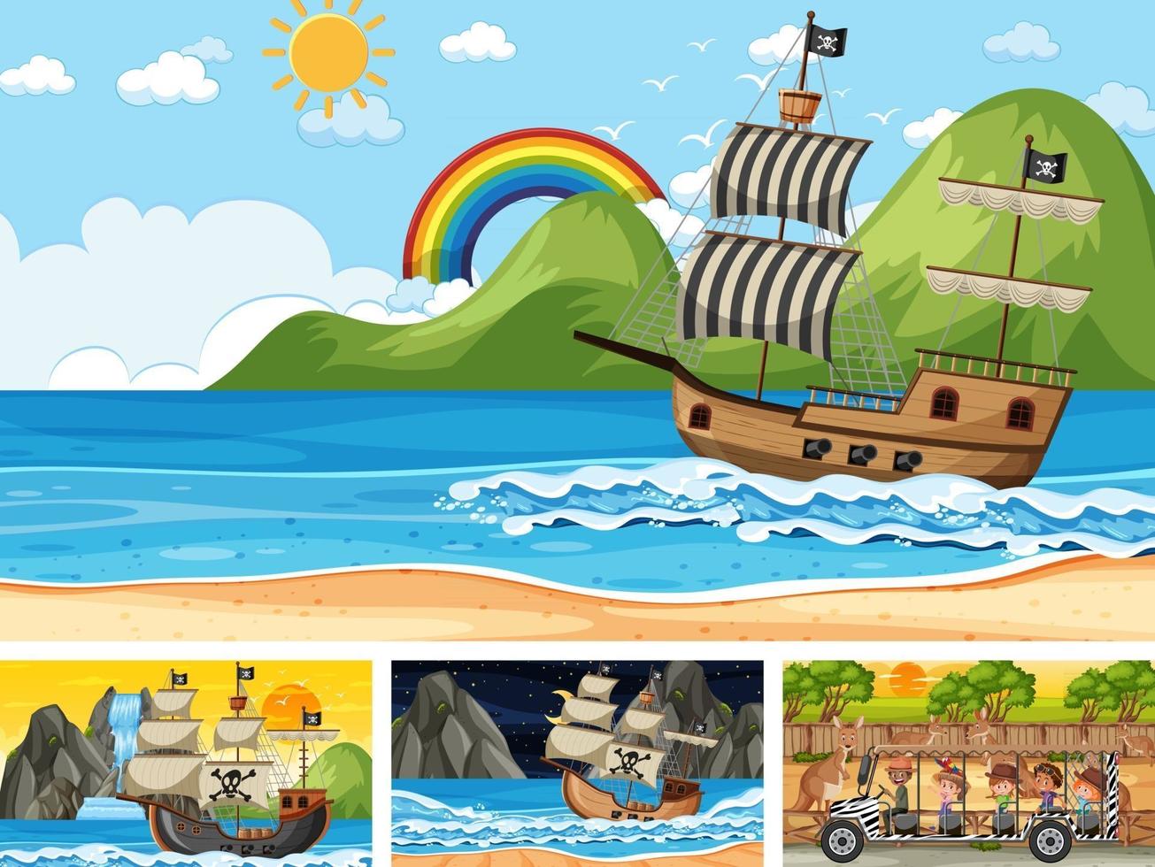 Conjunto de diferentes escenas con barco pirata en el mar y animales en el zoológico. vector