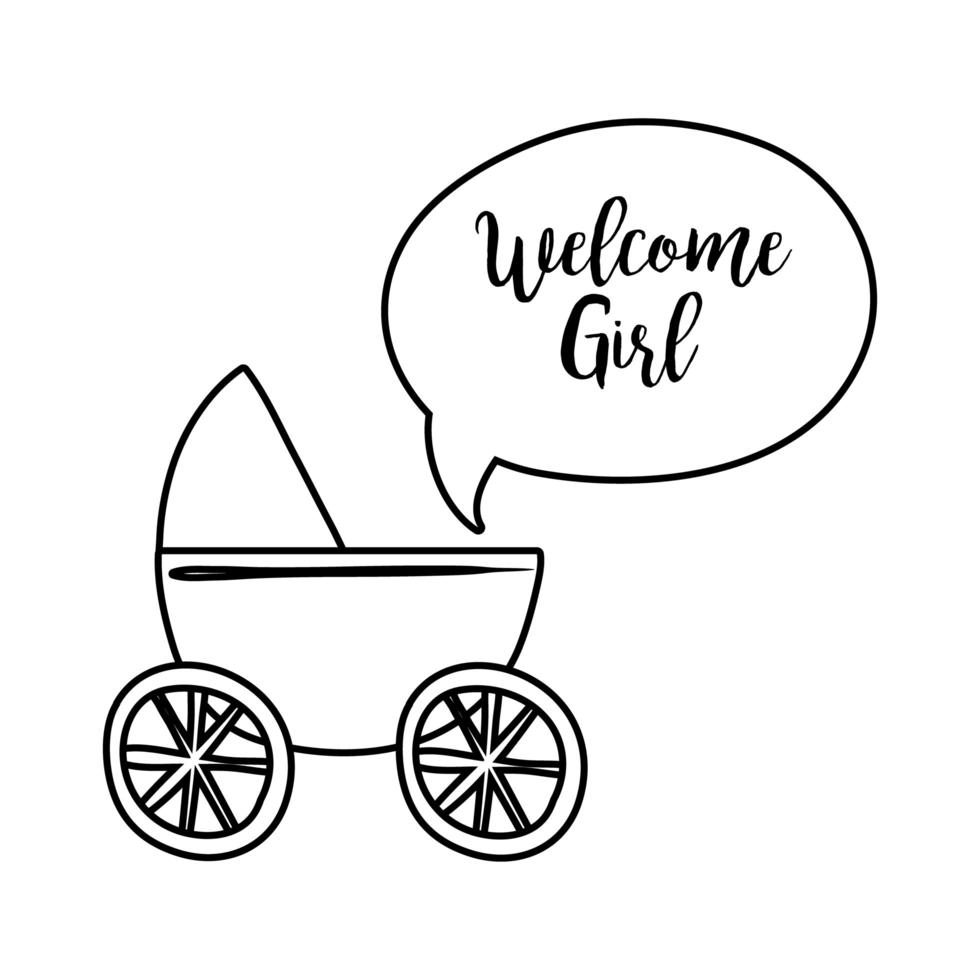 tarjeta de baby shower con carrito y estilo de línea de letras de niña de bienvenida vector