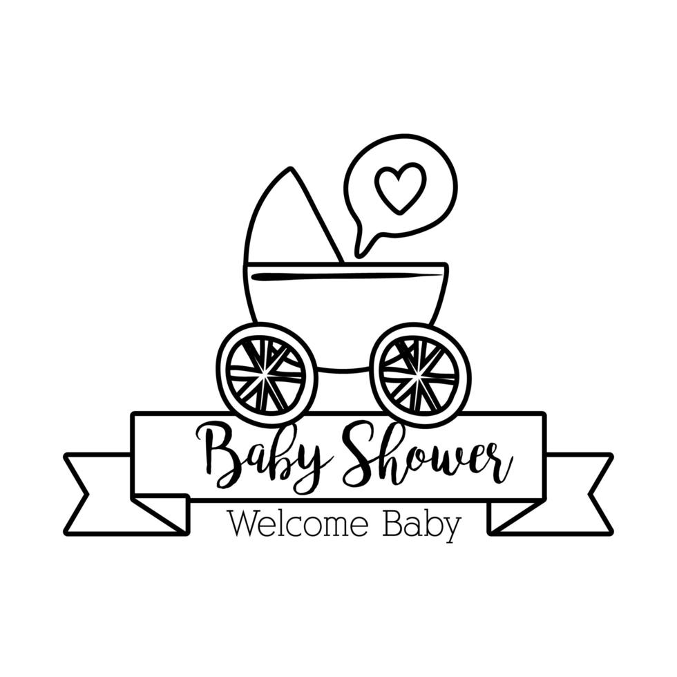 baby shower lettering with cart trolley line style vector