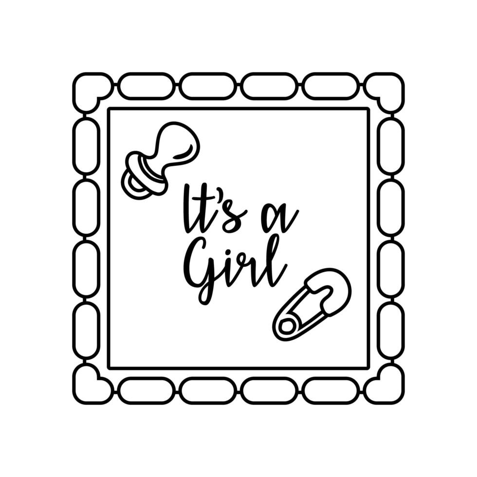 baby shower frame card with pacifier and lettering its a girl line style vector