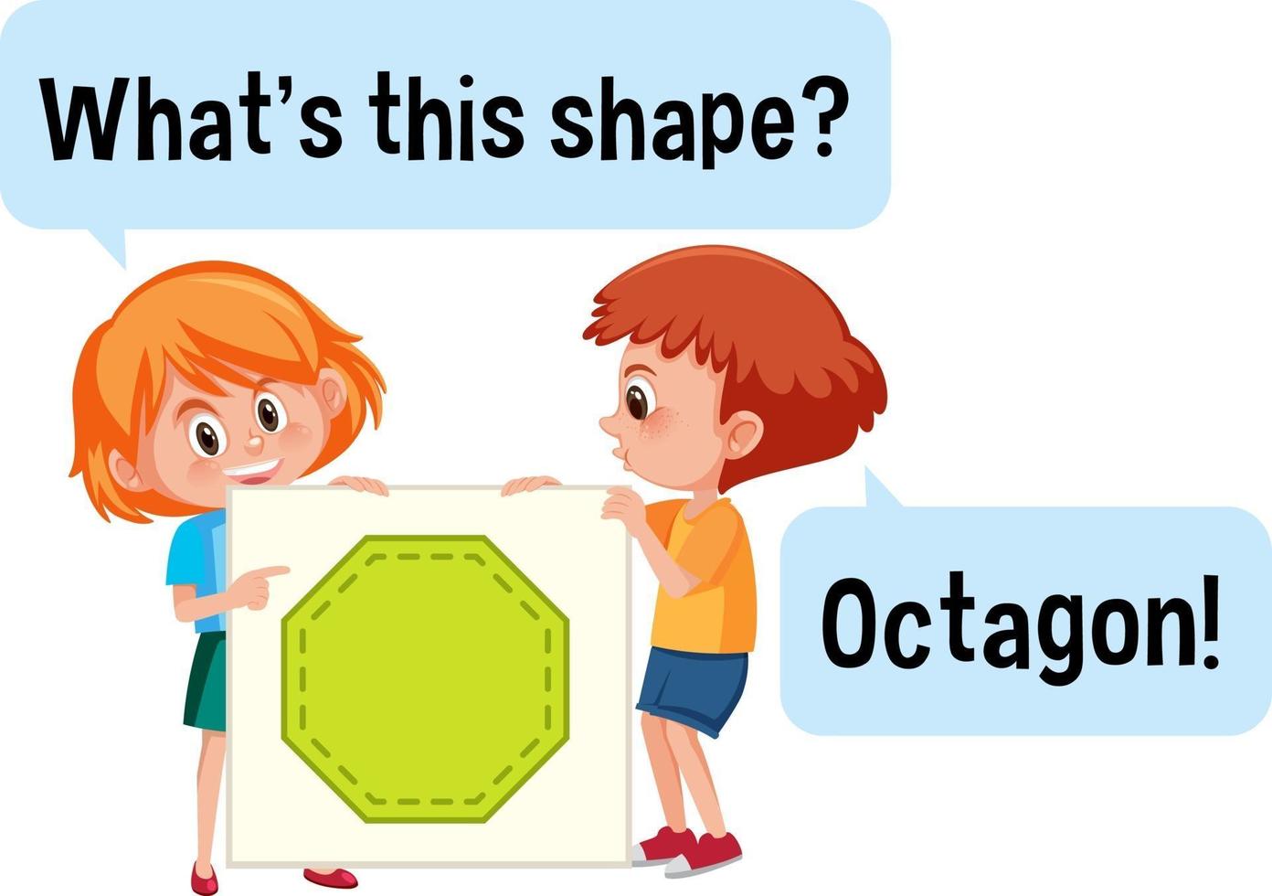 Kids holding octagon shape banner with What's this shape font vector