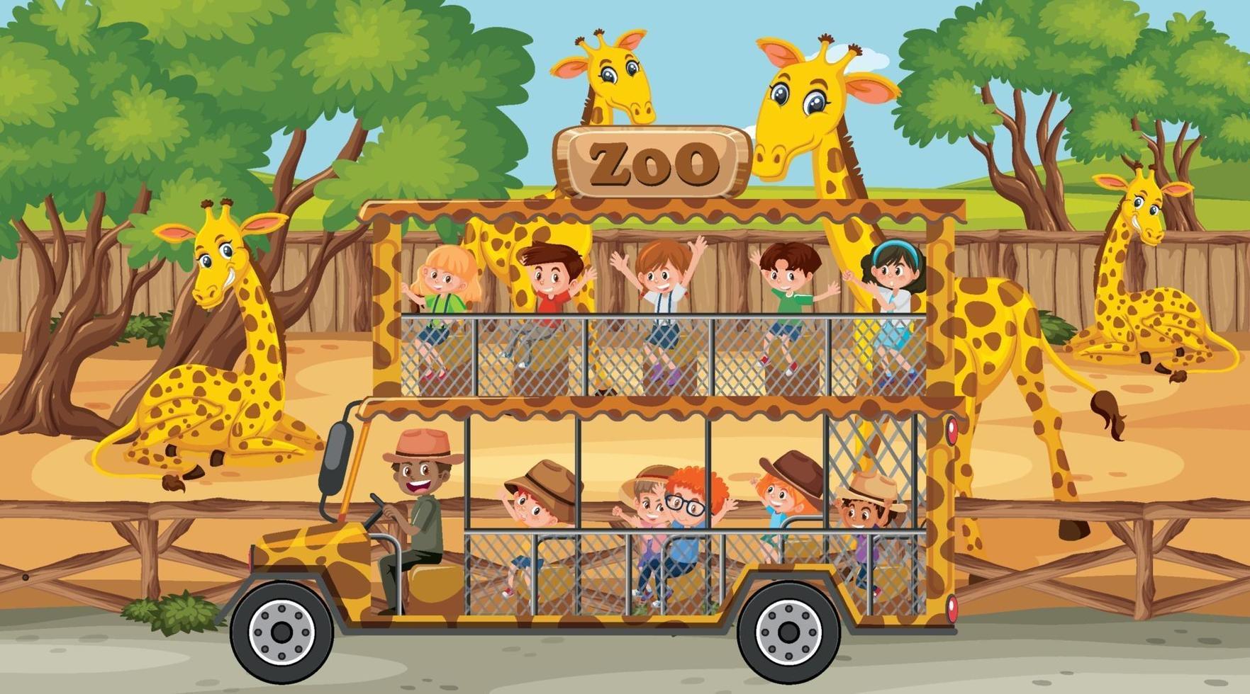 Safari scene with many giraffes and kids on tourist car vector