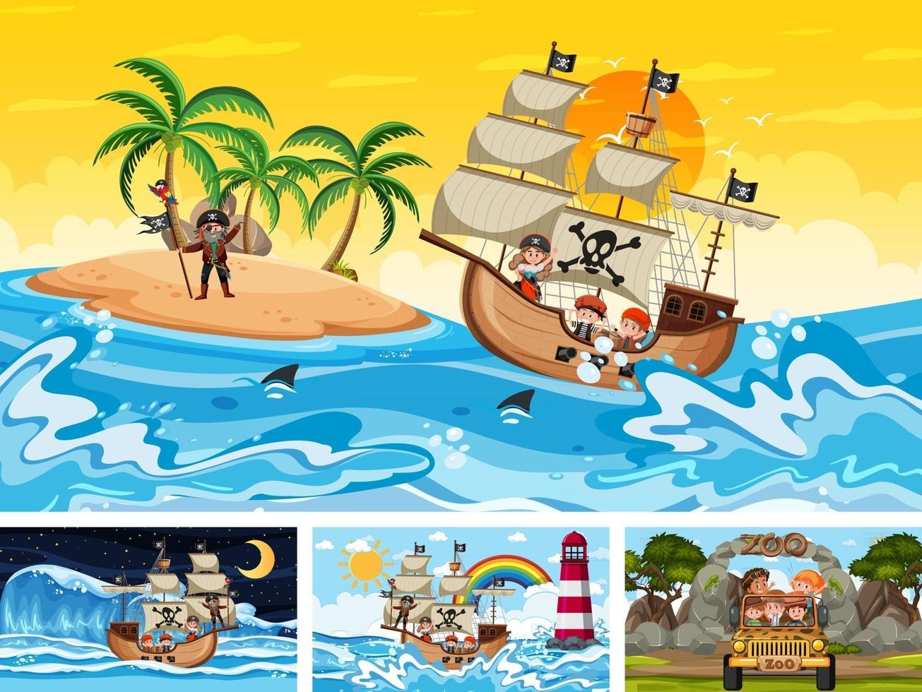 Conjunto de diferentes escenas con barco pirata en el mar y animales en el zoológico. vector