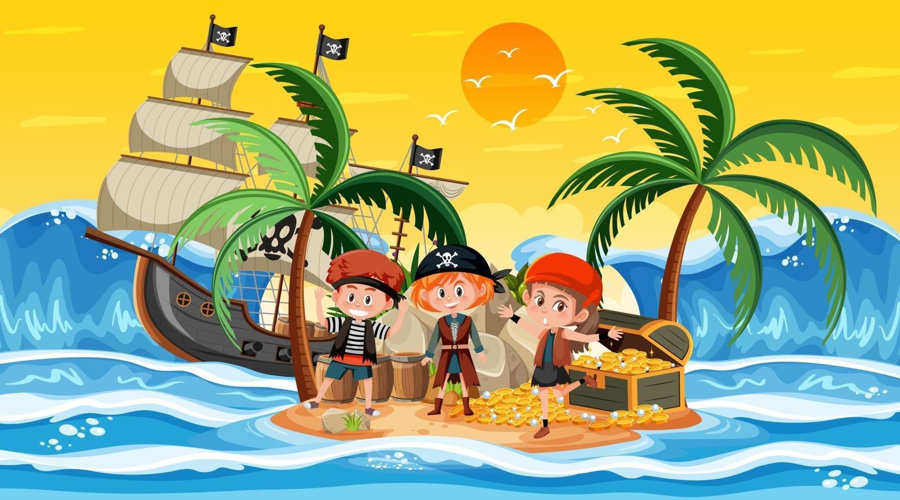 escena de la isla del tesoro al atardecer con niños piratas vector