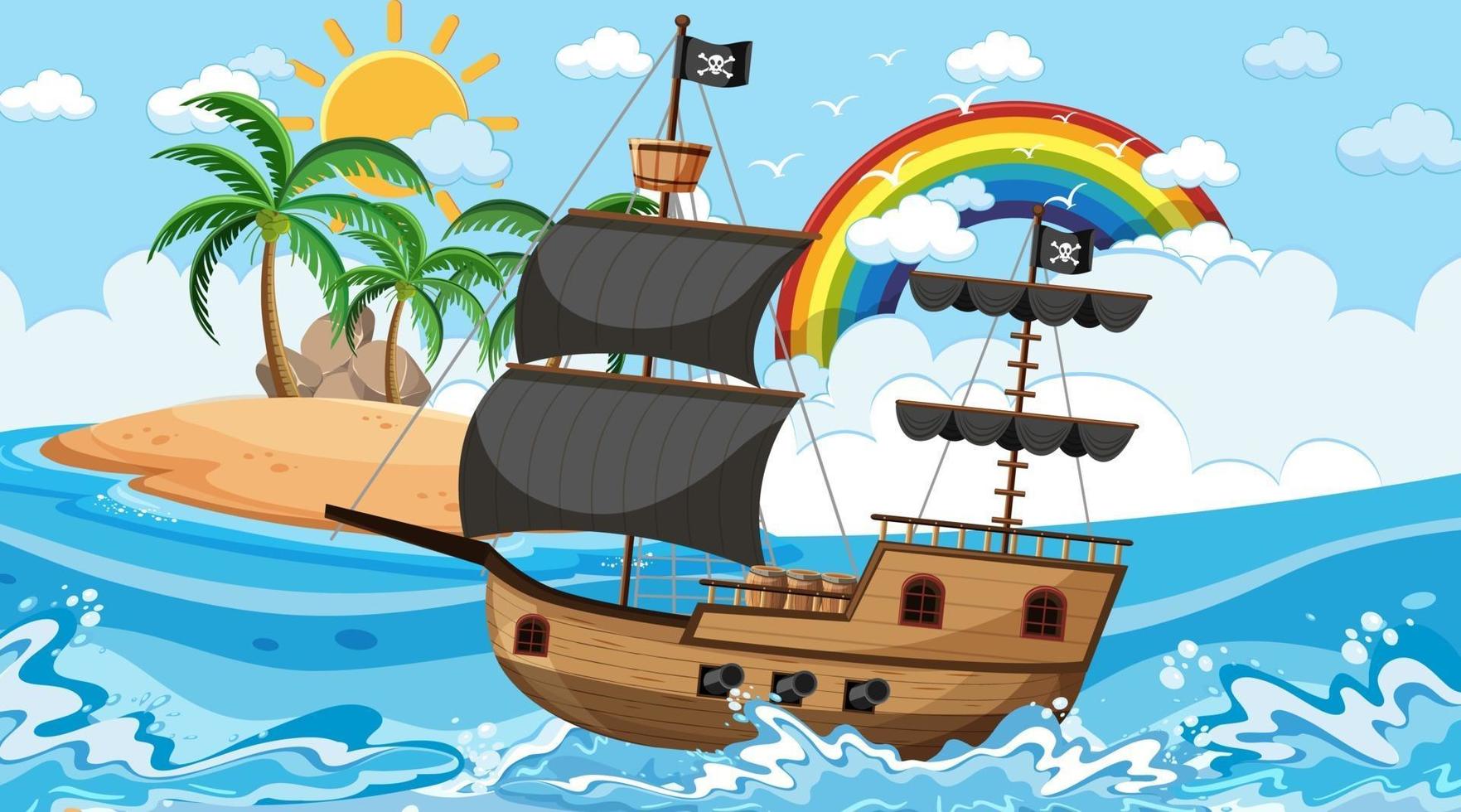 Ocean with Pirate ship at day time scene in cartoon style vector