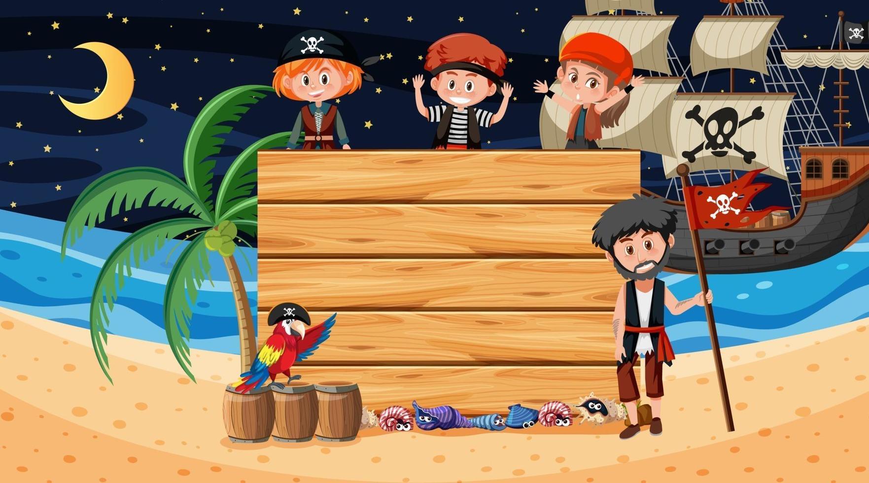 Niños piratas en la escena nocturna de la playa con una plantilla de banner de madera vacía vector