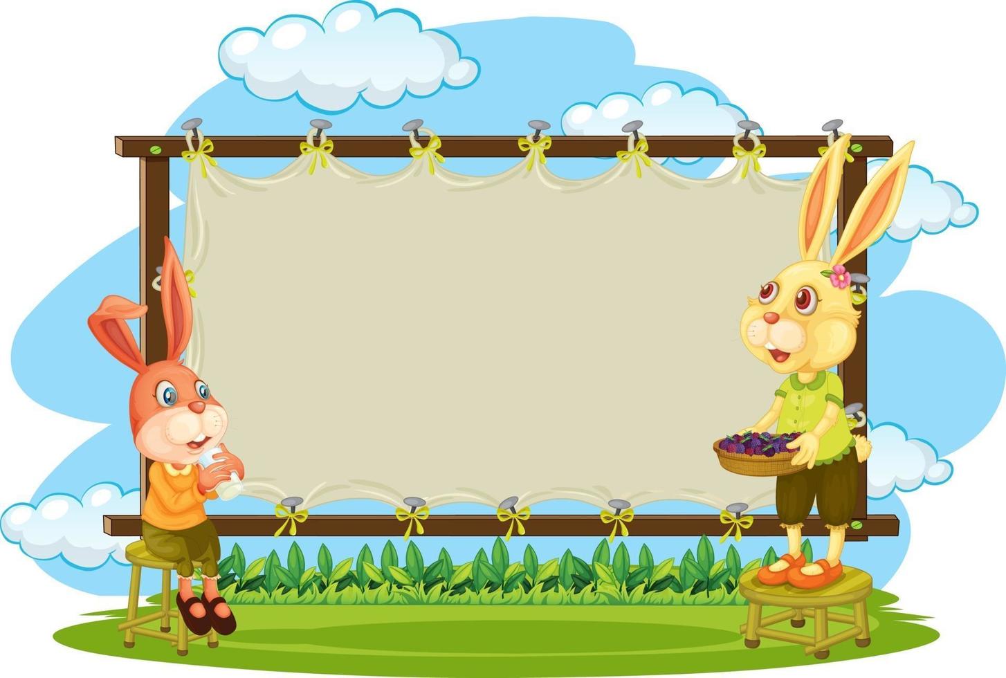 Blank banner in the garden with two rabbits isolated vector