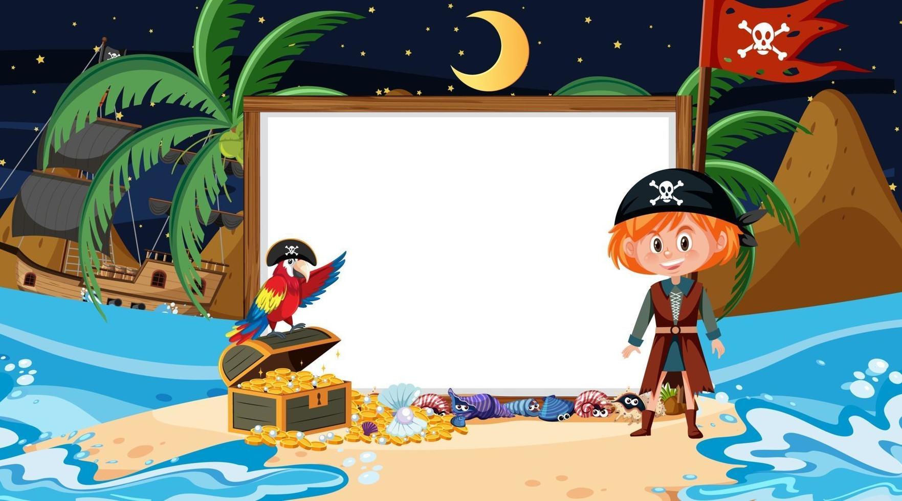 Niños piratas en la escena nocturna de la playa con una plantilla de banner vacía vector