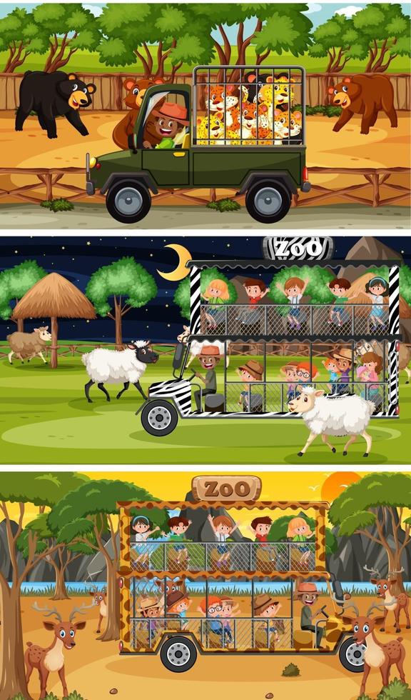 Conjunto de diferentes escenas horizontales de safari con personajes de dibujos animados de animales y niños vector