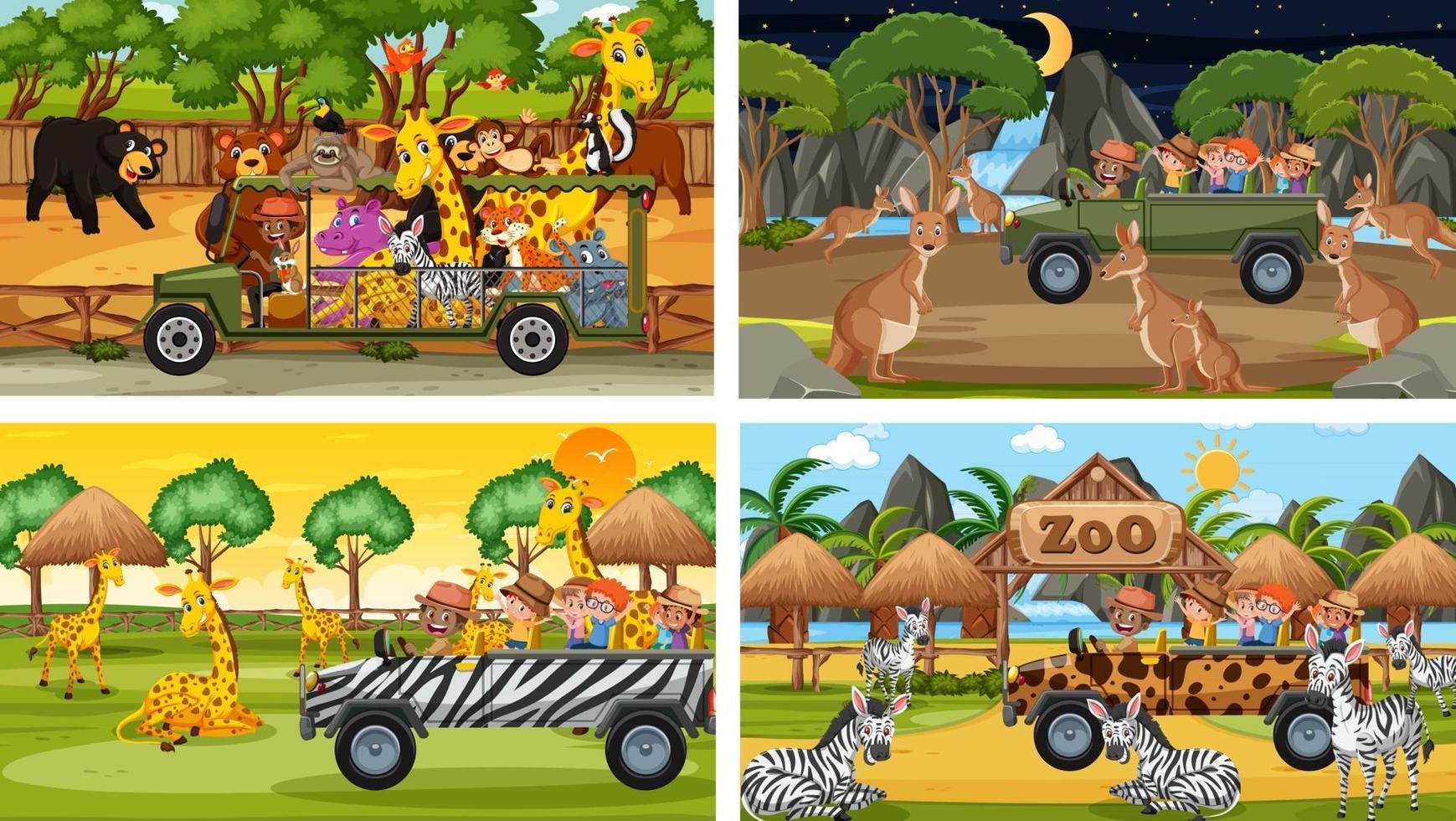 Set of different safari scenes with animals and kids cartoon character vector