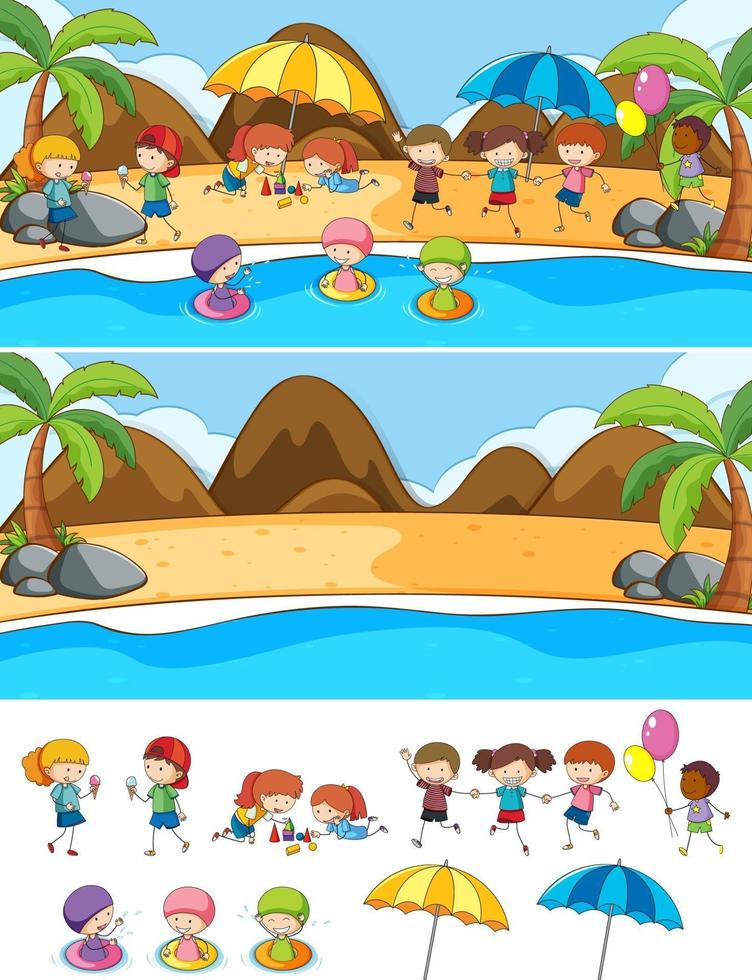 Conjunto de fondo de diferentes escenas horizontales con personaje de dibujos animados de niños doodle vector