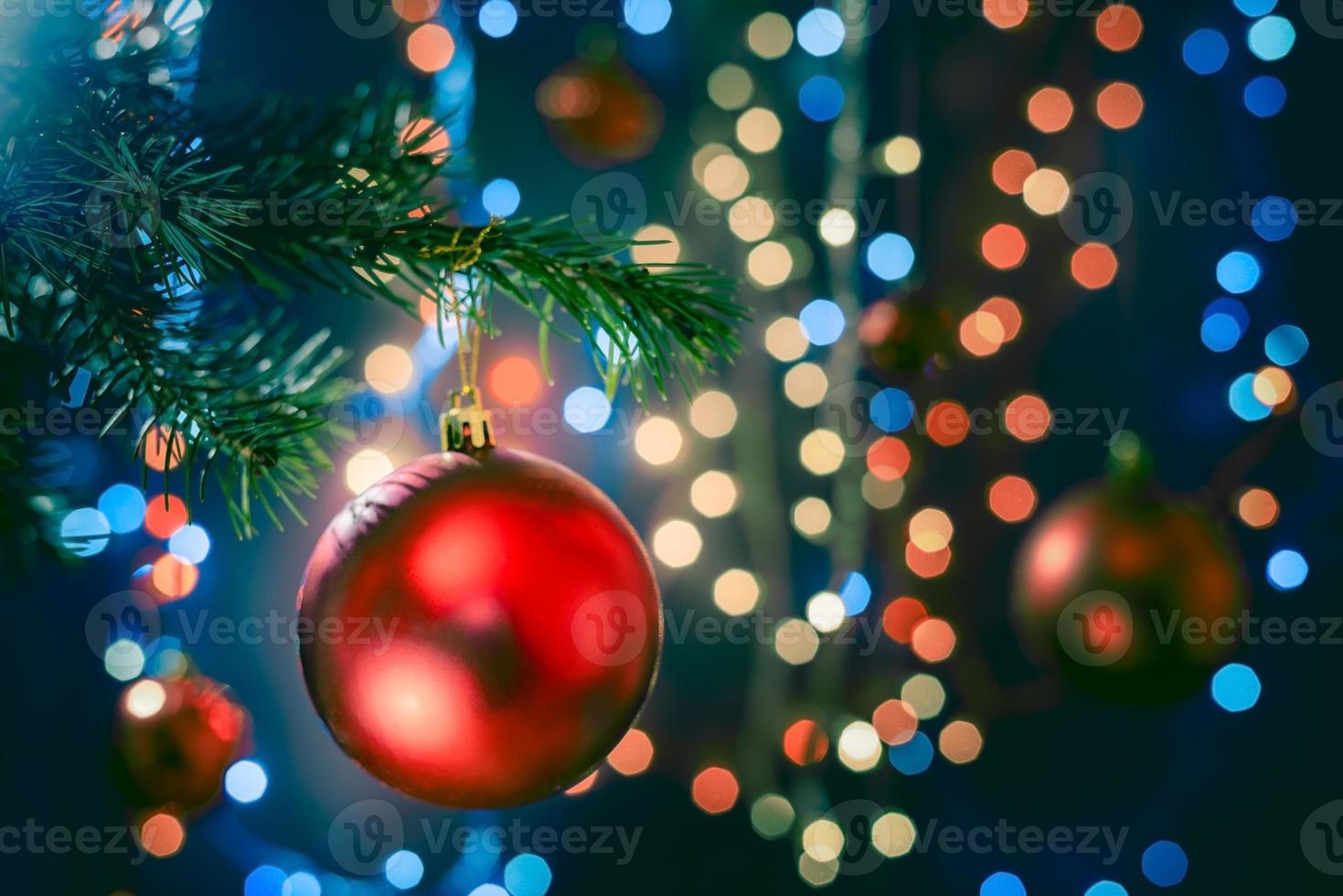 Christmas decorations on bokeh background with out of focus lights photo