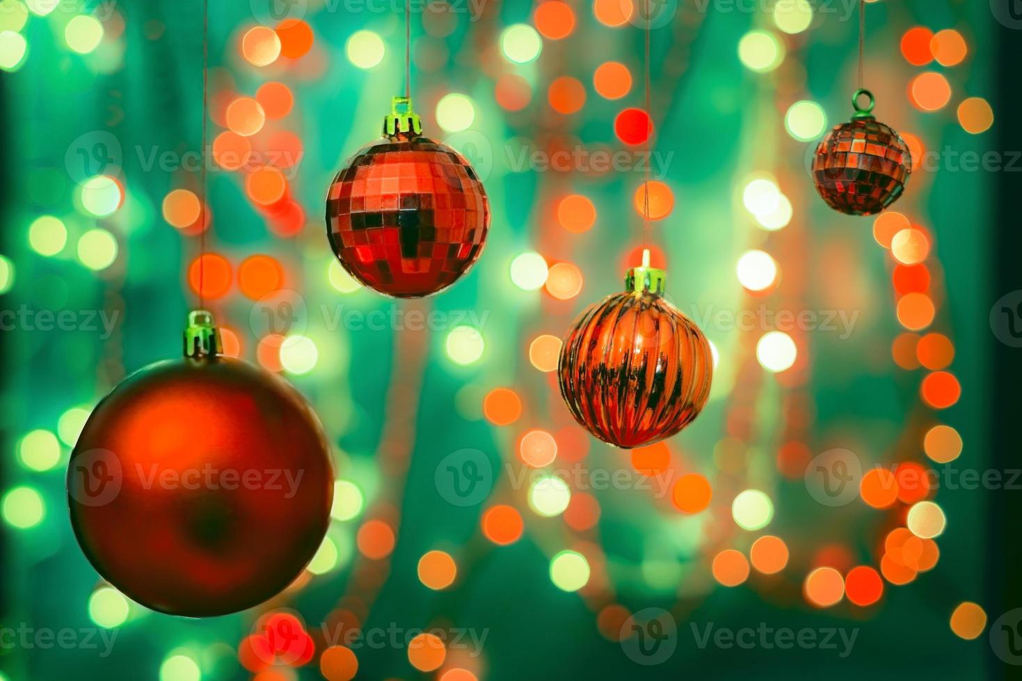 Christmas decorations on bokeh background with out of focus lights photo
